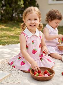 SHEIN Vintaside Kids 两件套女婴翻领无袖连衣裙，荷叶边下摆，粉色条纹领，草莓印花，休闲可爱夏日连衣裙，适合日常穿着或度假 - 彩色 - 查看 8