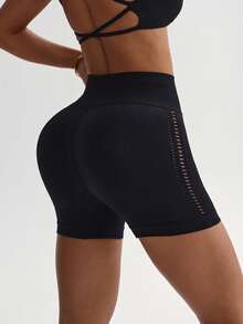 Easithlete Easithlete Women's Solid Color Hollow Design Daily Fitness Sports Shorts - Black - View 2