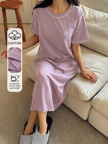 DAZY Women's Long T-Shirt Style Dress With Print, Contrast Color And Contrast Stitch Design, Loungewear - Pink - View 1