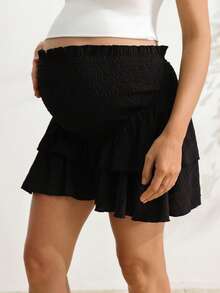 SHEIN Maternity Solid Color Vacation Shirred Design Ruffle Hem Skort - Black - View 8