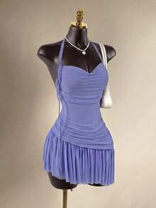 SaltGleam SaltGleam Women's Solid Color Ruched Sexy Date Night Out Party Mini Halter Dress Light Blue Lace Summer - Purple - View 6