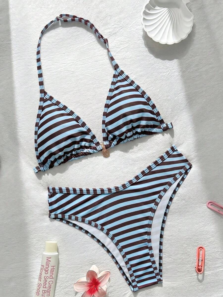 SHEIN Teen Girl Colorful Striped Camisole Bikini Set, Summer Beach Vacation - Multicolor - View 1