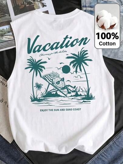Young Boy Casual Simple Fashion Versatile Hawaiian Vacation Coconut Tree Tropical Plant Beach Sports Style Loose Soft Round Neck Tank Top Summer White