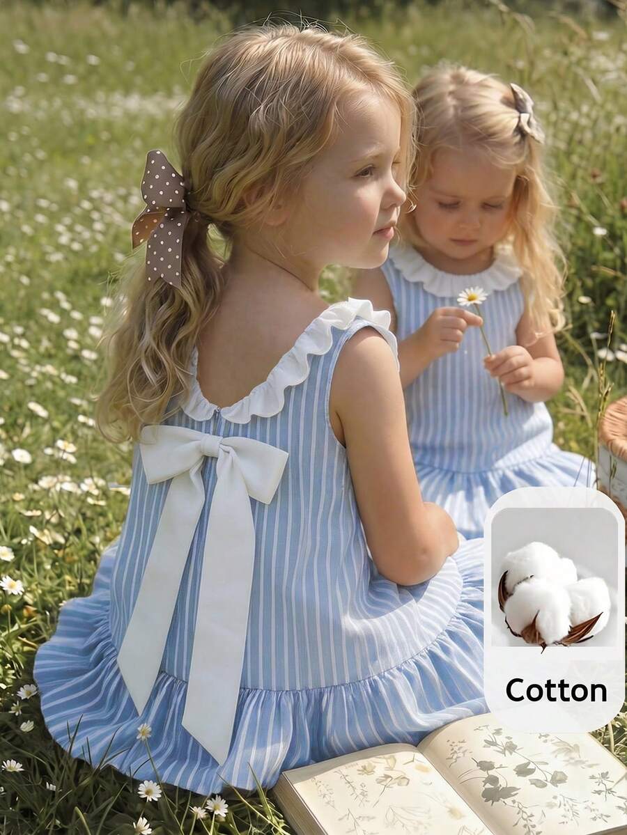 PrepCrw 1 Pc Young Girls Elegant Urban Academy Style Loose Cute Striped White Ruffle & Bow Decor Sleeveless Dress, Suitable For Daily Wear, Back To School, Outings, Gatherings, Holiday Parties, Spring, Summer - Blue and White - View 1