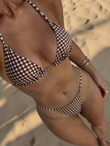 Swim Vcay 女款夏季海灘格紋掛脖綁帶性感比基尼三角褲兩件式泳衣套裝 - 彩色 - 查看 4