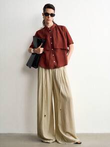 Aalyst French Style High-End Stand Collar Single-Breasted Design Short Sleeve Red-Brown Shirt Loose Fit Elegant Slimming Top - Rust Brown - View 7