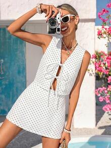 Vivid Eden Women's Polka Dot Print Tie Waist Vest & Denim Skirt Set Beach Set Vacation Outfits Women Casual Set Country Concert Outfit Polka Dot Set White Set - Medium Wash - View 3