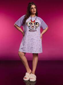 THE POWERPUFF GIRLS X SHEIN 大尺碼女款字母卡通印花休閒日常居家短袖睡裙 - 紫色 - 查看 5