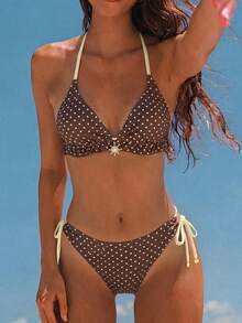 Swim Vcay 2026 Spring/Summer Triangle Cup Halter Neck Bikini With Coffee Base And Yellow Polka Dots, Gold Sun Decoration, Drawstring Ruched Ruffle Hem, Square Bell Charm On Shoulder Strap Ends, High Cut Tie Side, Adjustable, Sexy Bikini For Women, Suitable For Beach, Pool And Seaside - Coffee Brown - View 1