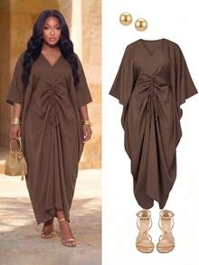 Poshavie Poshavie Damen Große Größen künstlerisches Batik-Blumenkleid, geraffter Tulpenrock, geeignet für den täglichen Gebrauch von Afroamerikanern. - Braun - Übersicht 3