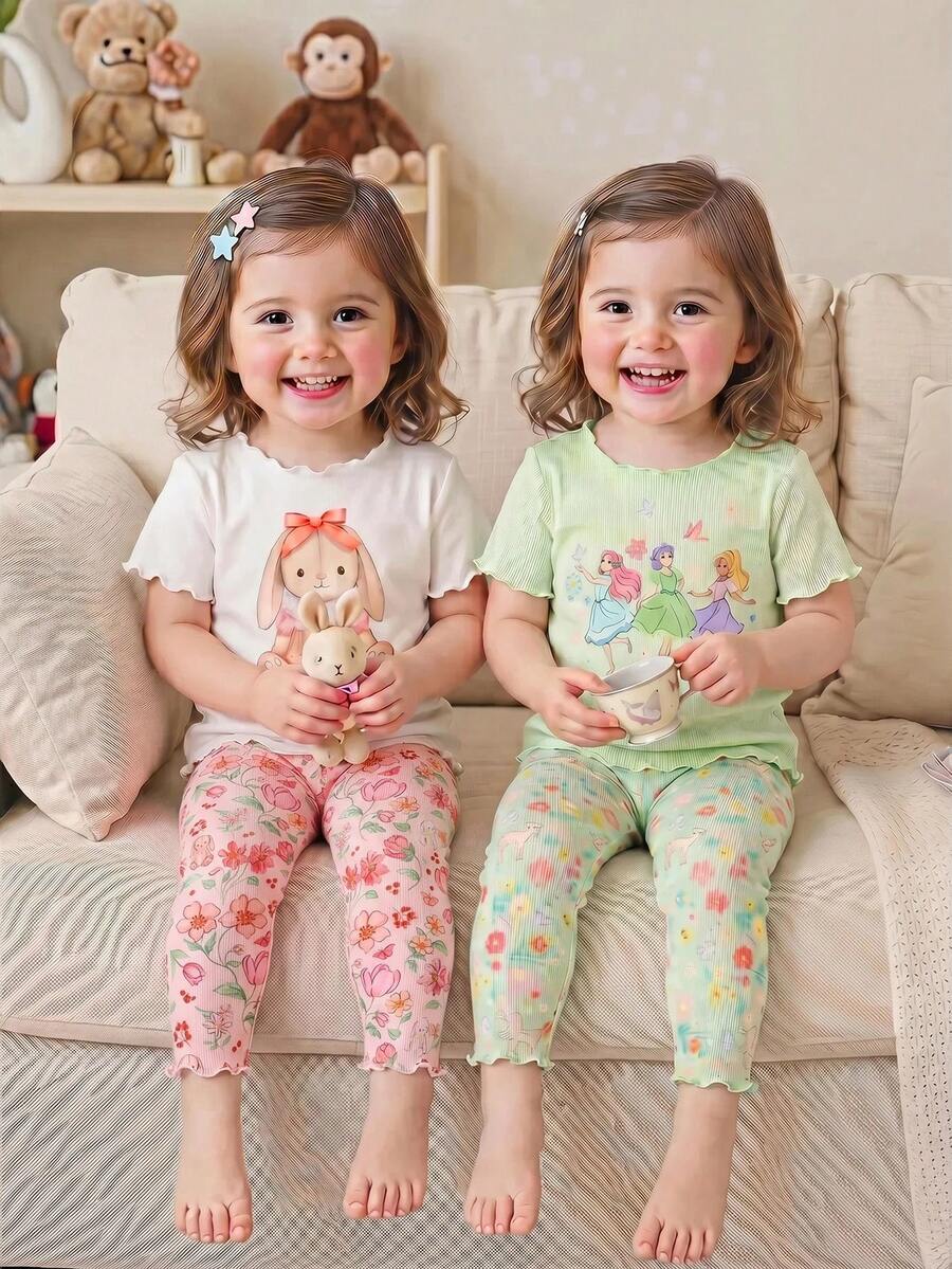 SHEIN Bộ 4 món đồ ngủ cho bé gái, họa tiết gấu hoạt hình dễ thương và hoa, cổ tròn, tay ngắn, viền bèo nhún, chất liệu dệt kim, thoải mái. - Nhiều màu - Xem 1