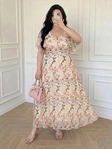 Vibekara Plus Size Women's V-Neck Cape Design Floral Print Chiffon Dress With Ruched And Flared Hem, French Romantic Style Purple Floral Chiffon V-Neck Dress, Women's Summer Cardigan Sleeve Waist-Cinching Design, Elegant Long Dress, Date Outfit, Suitable For Casual Outings, Urban Commuting, Dates, Gatherings, Birthdays, Parties, Banquets, Evening Events, Tea Parties, Vacations, Holidays, And Work And Commuting Occasions - Multicolor - View 8