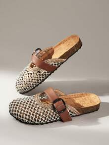 Solecia Women's Shoes, Spring And Summer New Woven Hollow Seat Mesh, Splicing Buckle Decoration, Round Toe Design, Exposed Heel, Comfortable - Brown leather ash mat - View 6