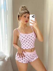 Sweetina 2pcs Lace Bow Patchwork Teddy Bear Print Ultra Low Waist Mini Shorts Set Lounge Pink And Black Polka Dot Summer Cute - Pink - View 4