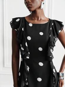 Aveloria Modichic Royal Blue Chiffon Round Neck Multi-Layer Ruffle Trim Minimalist Design Elegant Versatile Flutter Sleeve Dress - Black - View 5