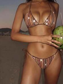 Aloruh 女款夏季新款比基尼套裝 紮染印花圖案 性感派對音樂節 幻彩貝殼裝飾泳衣海灘裝度假穿搭 - 彩色 - 查看 10