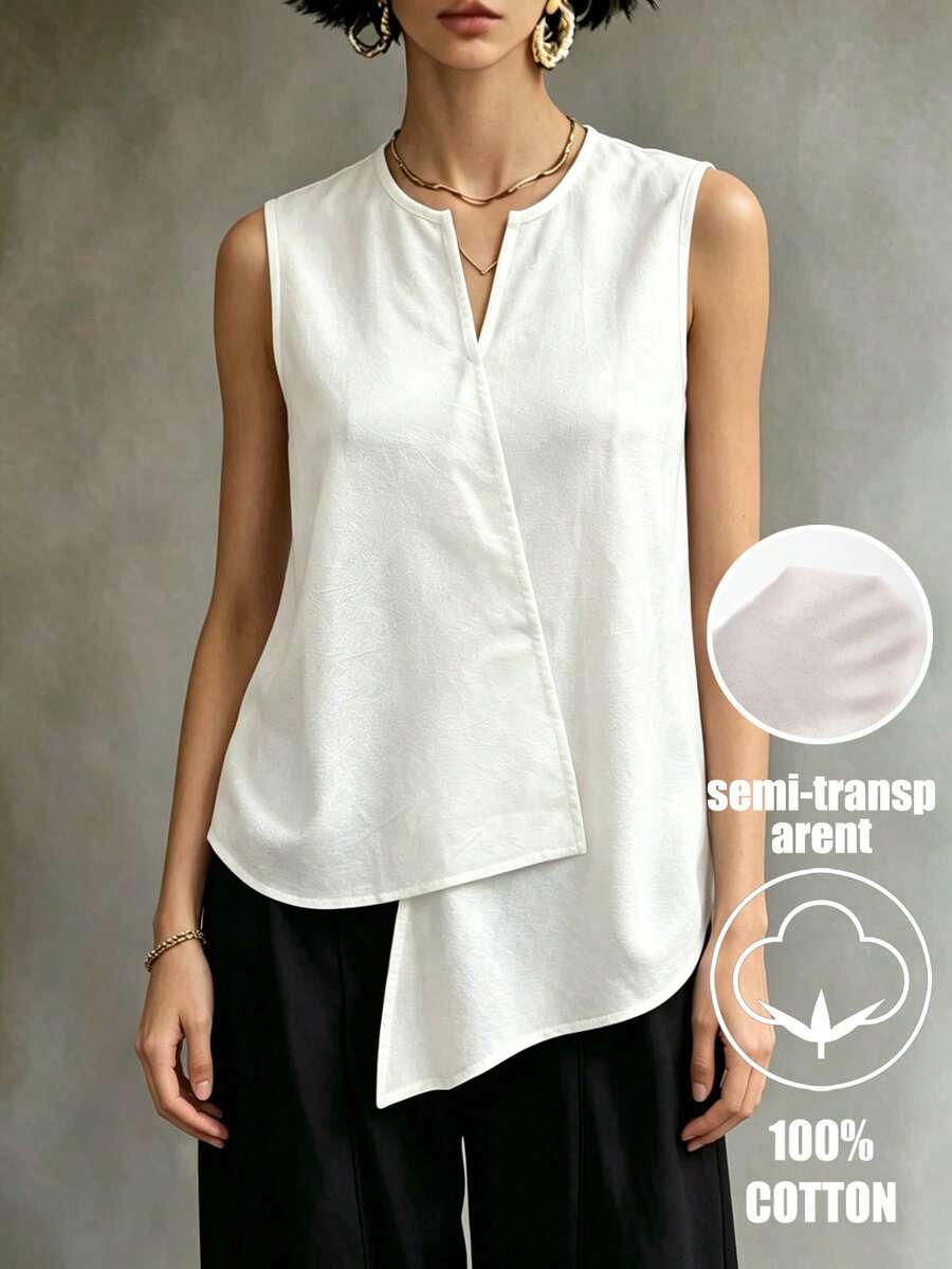 SHEIN LUNE 白色純棉缺口V領不對稱下擺無袖休閒女款上衣 - 白色 - 查看 1