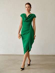 MOTF PREMIUM VESTIDO MIDI ELEGANTE DE MUJER PARA PRIMAVERA/VERANO, VERDE, CON FRUNCIDO Y ESTRUCTURA, PARA IR AL TRABAJO - Verde - Ver 1