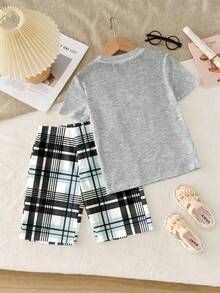 SHEIN Leap Crew 少女休闲简约灰色字母图案T恤和格子短裤睡衣套装，修身款，春夏款 - 彩色 - 查看 2