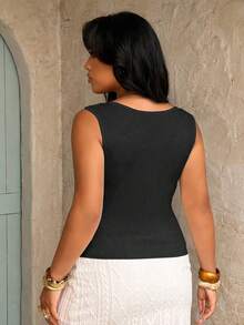 Rustia Top de tirantes ajustado con fruncido y cordón para anudar, estilo elegante francés, para mujer talla grande - Negro - Ver 2