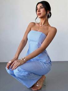 Firerie Women's Blue And White Stripe Bandeau Top And Elastic Waist Long Pants Set, Casual Coastal Hawaiian, Daily Minimalist Vacation, Spring/Summer Elegant - Blue and White - View 5