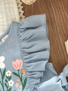 Cozy Pixies 女嬰編織牛仔風花卉印花圓領荷葉邊休閒洋裝 - 藍色 - 查看 4