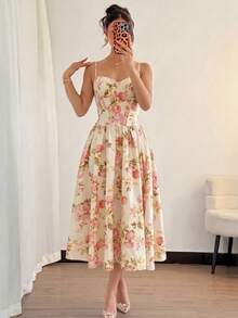 SHEIN 女款杏色印花長版後綁帶洋裝 - 杏色 - 查看 6