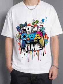 SHEIN Kids Tween Boy Casual Minimalist Game Console Graphic Short Sleeve White Crew Neck T-Shirt, Cotton Blend, Suitable For Summer - White - View 5