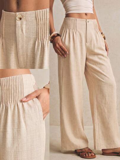 Poéselle Women's Solid Color Pleated Design Pocket Wide Leg Long Pants Vacation Beige Summer Casual