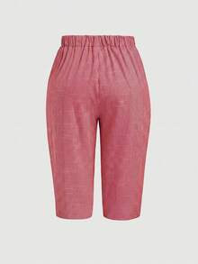 SHEIN LUNE CURVE Pantalones largos de mujer talla grande de algodón y lino a rayas, casuales y cómodos, básicos para primavera/verano, de uso diario, vacaciones y playa, con decoración de botones, pantalones capri para mujer - Rojo - Ver 2