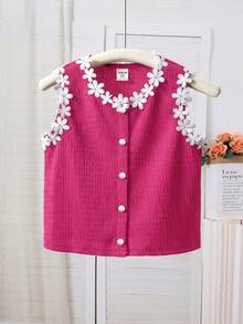 SHEIN Chaleco informal de niña con parches de unicolor, contraste de color y cinta floral tejida - Rosa Fucsia - Ver 5