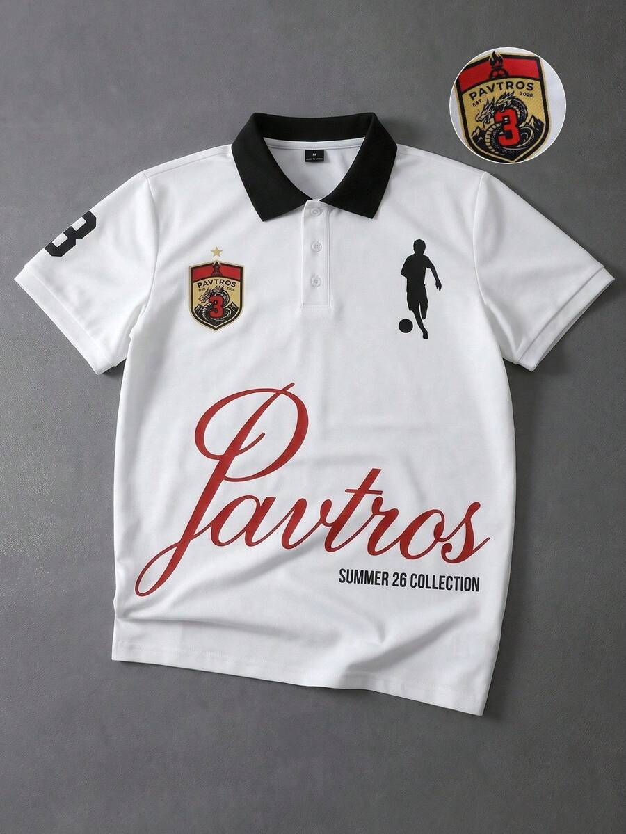 PAVTROS 男士對比領足球風格美式復古徽章印花休閒短袖POLO衫 - 白色 - 查看 1