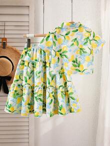 SHEIN Elladie kids 2件/套 Young Girl'檸檬印花扭邊領上衣與花卉長裙，適合夏季海邊度假 - 黃色 - 查看 3