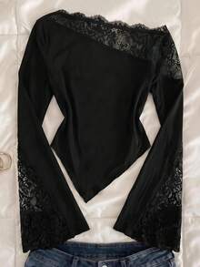 SHEIN Tween Girl Tween Girls Solid Color Lace Patchwork Flared Sleeve Asymmetric T-Shirt - Black - View 3