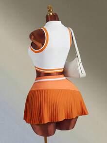 Amplova Women's Sleeveless Contrast Color Half-Zip Fitted Tennis Shirt, Summer Orange Seamless Polo Shirt Vest Old Money Sports - Orange - View 8