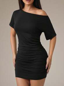 SHEIN PETITE Summer Asymmetric Neckline Dress/Summer Brown Short Dress Suitable For Party/Beach Vacation Dress/Summer Travel/Island Vacation Dress/Birthday Party Women's Dress ,Petite Women - Black - View 5