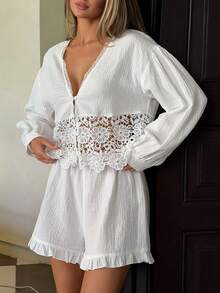 Livesso Women's Textured Sweet Lace Patchwork Button-Up Top And Shorts Pajama Set Summer - White - View 6