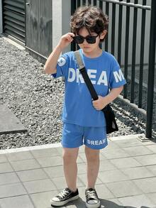 Young Boy Loose Fit Round Neck Short Sleeve T-Shirt Set, Versatile For Summer - Blue - View 3