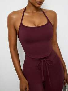 Voyena Plus Size Women Solid Color Halter Top And Drawstring Waist Flare Pants Casual Daily Sports Set - Burgundy - View 6