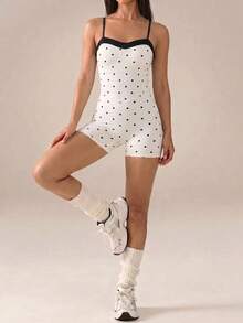 SHEIN BAE 女款夏季時尚波點印花露背運動連身褲 - 黑與白 - 查看 5