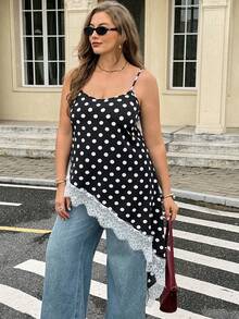 Easura Women's Polka Dot Lace Patchwork Asymmetrical Hem Tummy Control Slimming Elegant Versatile Plus Size Camisole Vacation Black And White Summer - Black and White - View 2