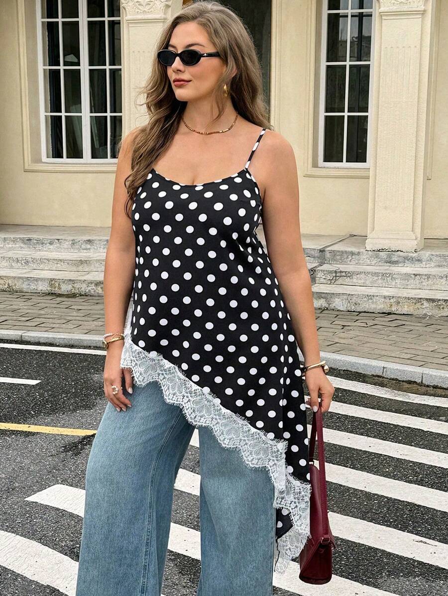 Easura Women's Polka Dot Lace Patchwork Asymmetrical Hem Tummy Control Slimming Elegant Versatile Plus Size Camisole Vacation Black And White Summer