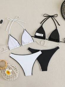 Swim Basics Summerbeach 女款對比飾邊掛脖比基尼上衣與褲子套裝 - 黑與白 - 查看 2
