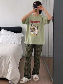DAZY Cute Puppy Graphic Loose Short Sleeve T-Shirt And Plaid Straight Leg Long Pajama Pants 2-Piece Set, Summer Outfit Women's Sleepwear - Green - View 3