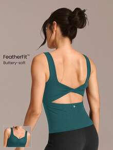 GLOWMODE FeatherFit™ Soft Win 奶油般柔軟心形領扭轉露背可拆式胸墊長版背心，低衝擊瑜珈皮拉提斯工作室日常穿著 - 墨綠色 - 查看 1