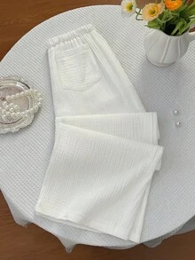 Flirla 女款夏季白色純色休閒百搭長褲，抽繩腰頭附口袋，純棉可追溯棉舒適寬鬆百搭長褲 - 白色 - 查看 2