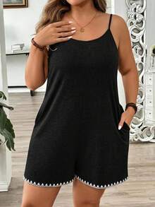 Comfylo Plus Size Women's Summer Vacation Style Colorblock Machine-Printed Shell Flower Special Craft Round Neck Casual Jumpsuit, With Pockets, Suitable For Travel, Vacation, Summer And Daily Wear - Black - View 5