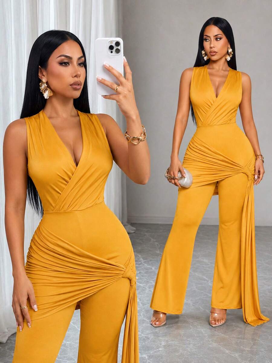 SOLERSUN Women Solid Yellow Deep V Neck Bodycon Jumpsuit, Sleeveless Wrap Ruched Side Drape High Rise Flared Leg Party Jumpsuit