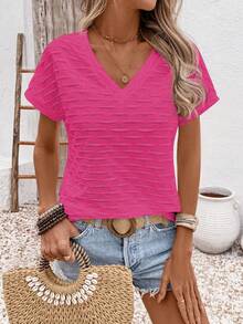 EMERY ROSE Camiseta de manga corta de unicolor con cuello en V, casual y versátil para uso diario para mujer - Rosa Fucsia - Ver 3