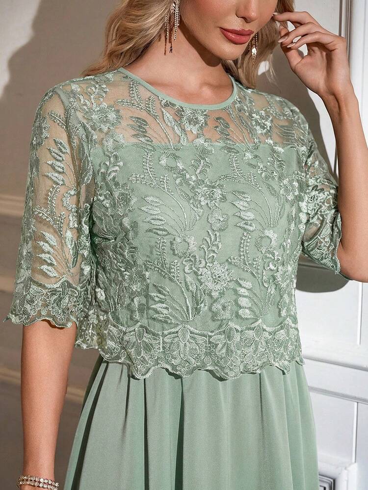 shein green lace dress Modelyn Plus Solid Dress & Flounce Sleeve Lace Maxi Dress Women Outfit